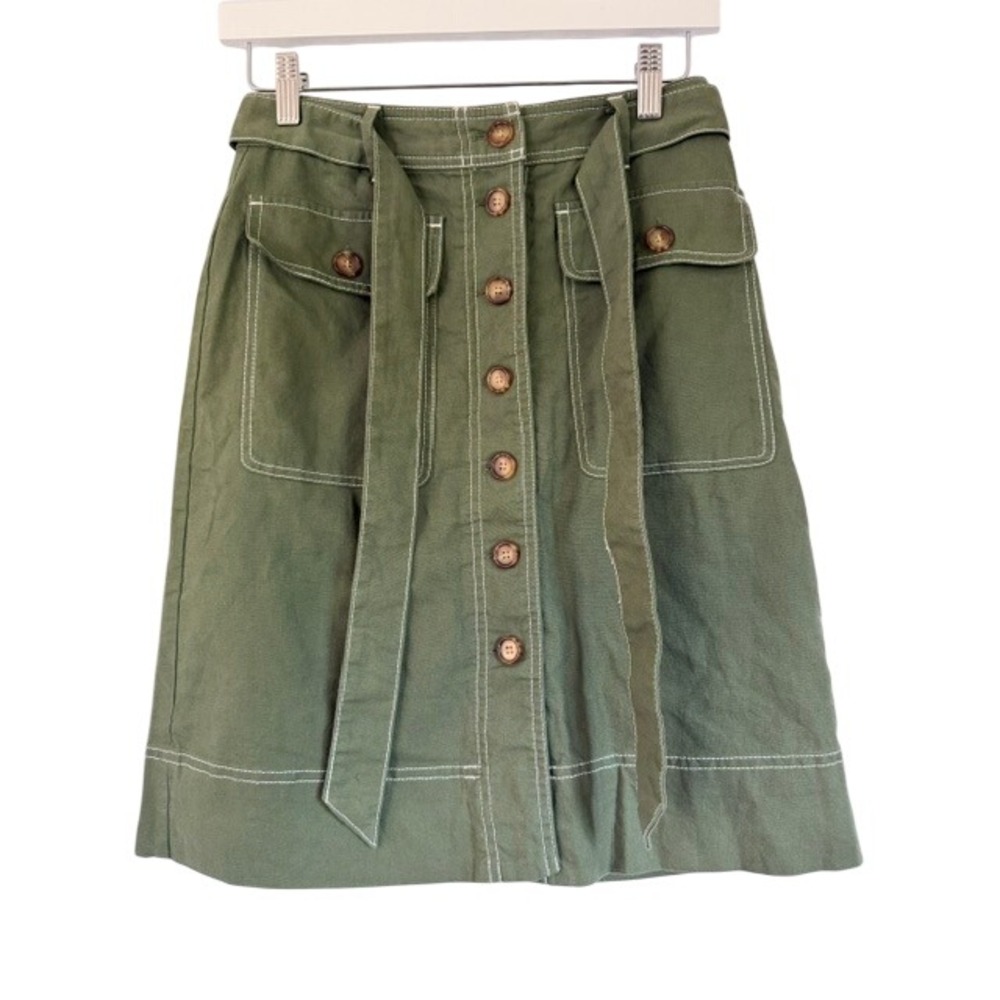 J.Crew Olive Green Linen Cotton Utility Skirt Button Front Tie Belt Size 00
